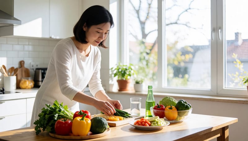 신선한 채소와 물을 준비하는 모습