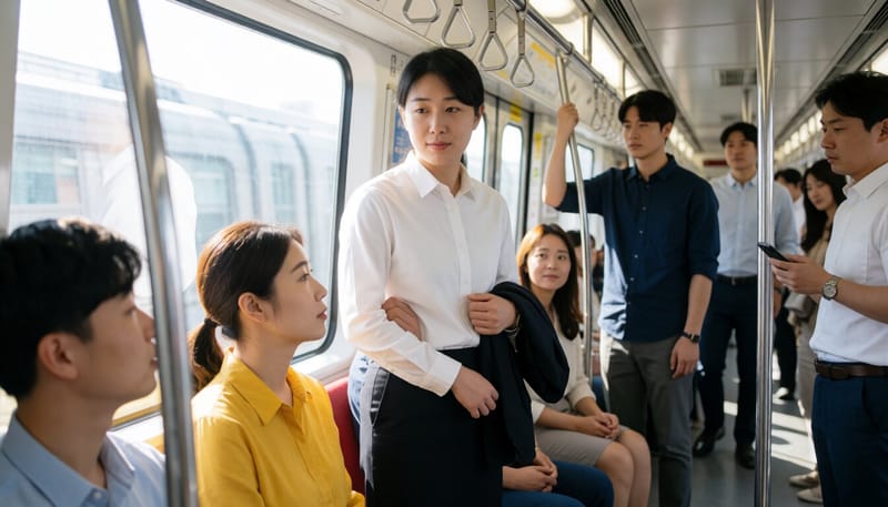 혼잡한 지하철에서 옷차림을 신경 쓰는 사람
