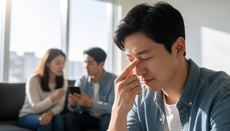 코막힘으로 얼굴을 만지며 불편해하는 남성