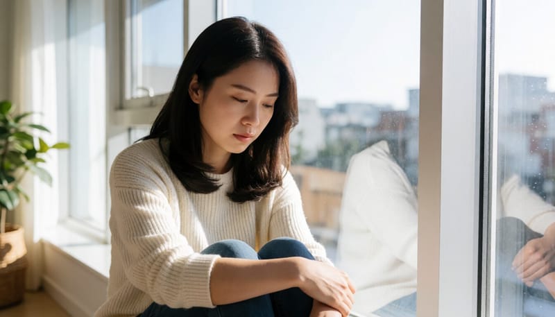창가에 앉아 무기력한 표정을 짓고 있는 여성의 모습