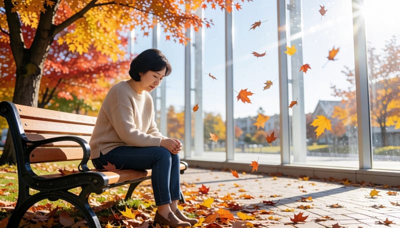 가을 낙엽 속 벤치에 홀로 앉아 있는 여성