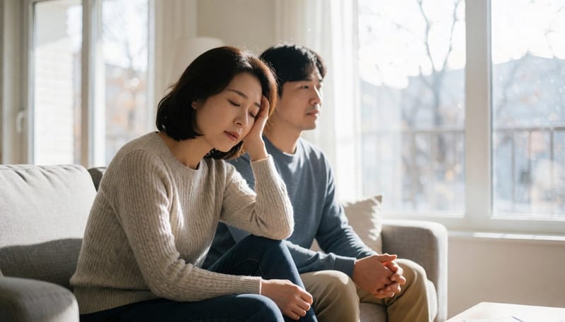 창밖을 바라보며 무기력한 표정을 짓고 있는 여성의 모습