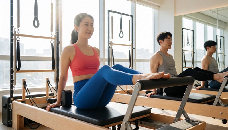 리포머 풋바에 발을 올리고 캐리지를 미는 여성