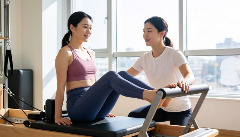 필라테스 리포머 기구에 앉아 강사에게 자세를 교정받는 모습