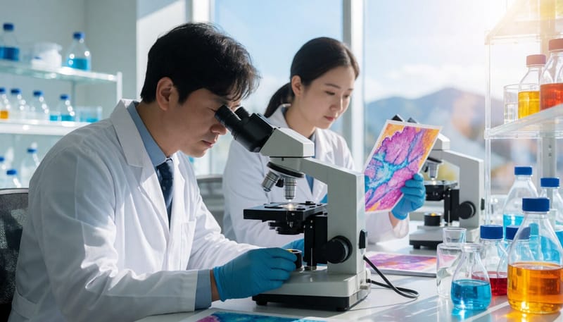 현미경으로 인쇄된 조직 샘플을 관찰하는 연구원