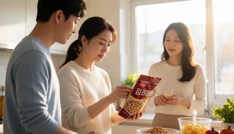 가정에서 땅콩 제품 포장을 확인하는 여성