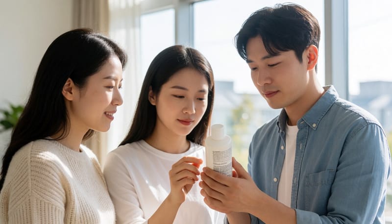 소비자가 화장품 용기 뒷면 표시 사항을 확인하는 모습