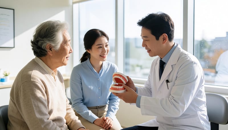 치과에서 임플란트와 틀니 모형을 두고 상담받는 환자