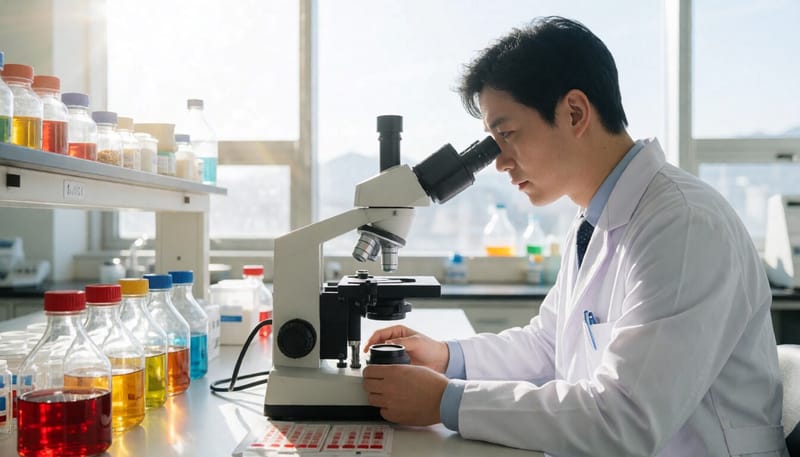 검사실에서 골수 조직을 현미경으로 분석하는 모습