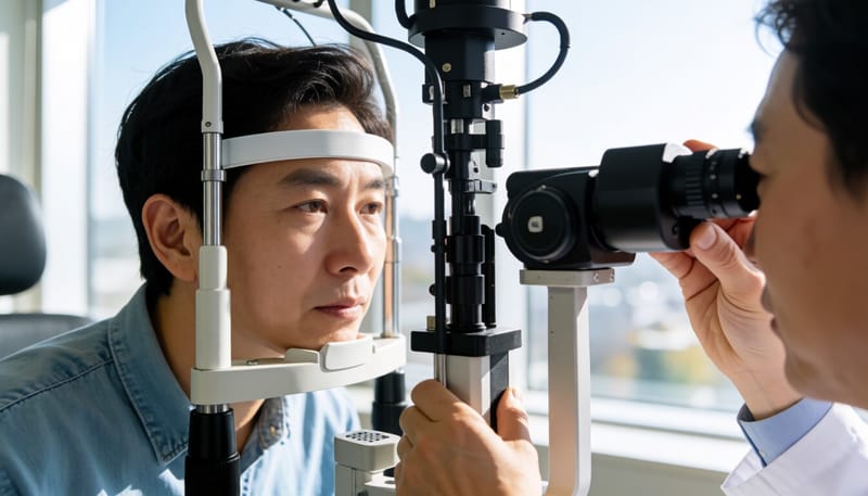 안과에서 세극등 현미경으로 눈 검사를 받는 모습