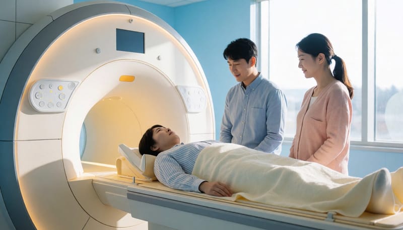 MRI 검사를 받기 위해 촬영대에 누운 환자의 모습