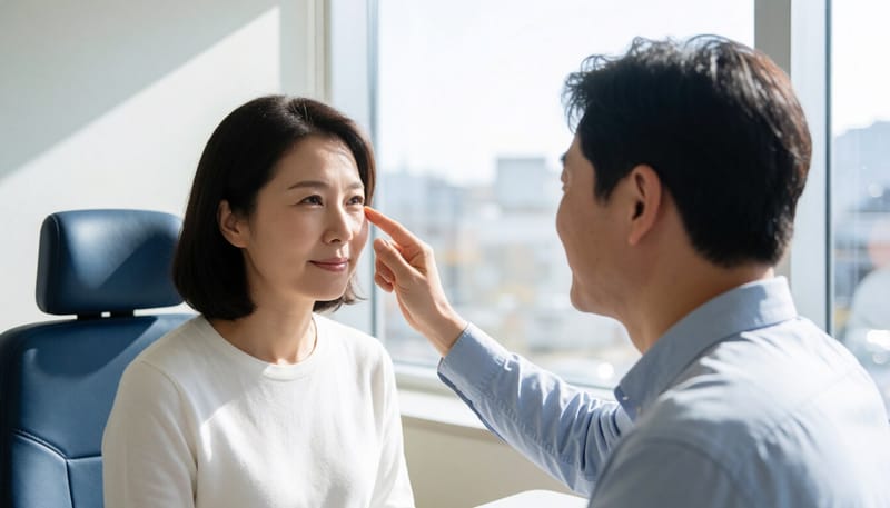 안과 진료실에서 눈 주변을 만지며 불편해하는 여성의 모습