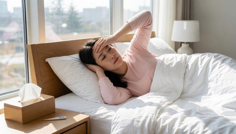 발열과 근육통으로 침대에 누워 있는 여성