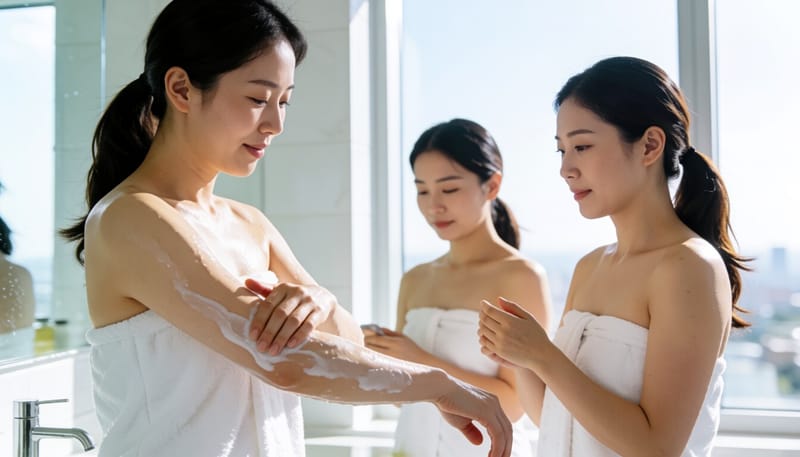 샤워 후 보습제를 바르는 여성