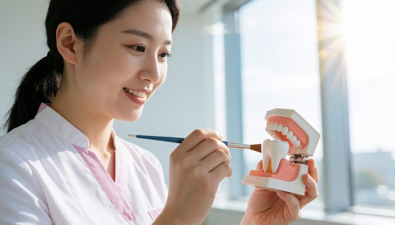 어금니에 홈메우기 재료를 도포하는 모습