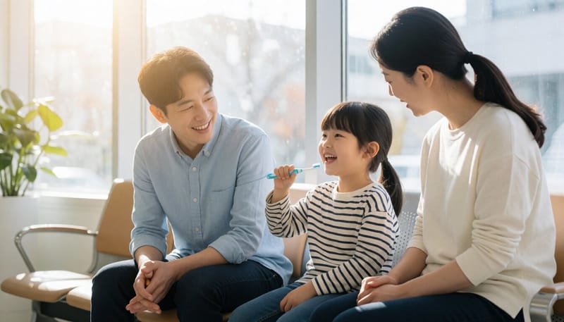 치과 대기실에 앉아 있는 아이와 보호자
