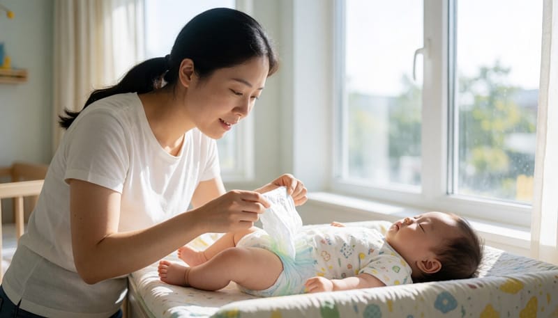기저귀 상태를 확인하는 엄마의 모습