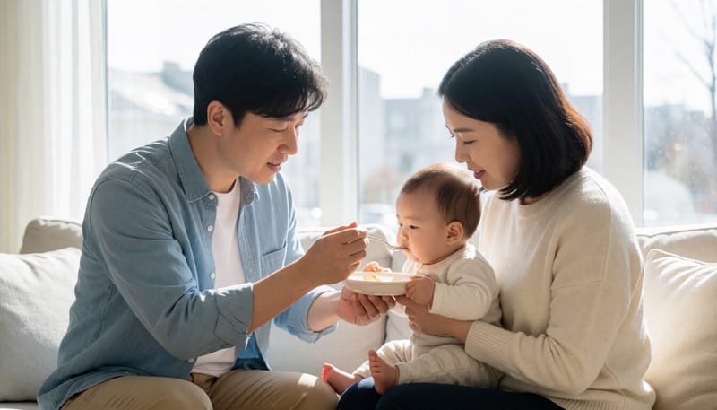 경구수액을 아기에게 먹이는 엄마의 모습