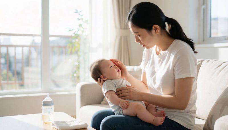 아기를 안고 이마를 짚어보는 엄마의 모습