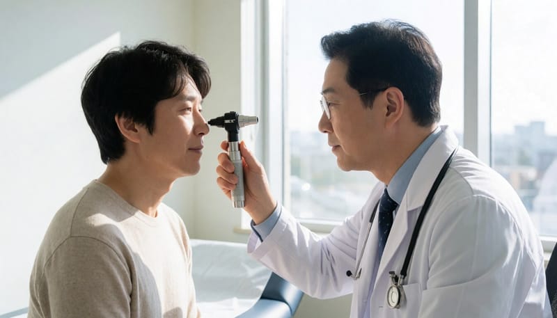 이비인후과에서 코 안을 진찰받는 모습