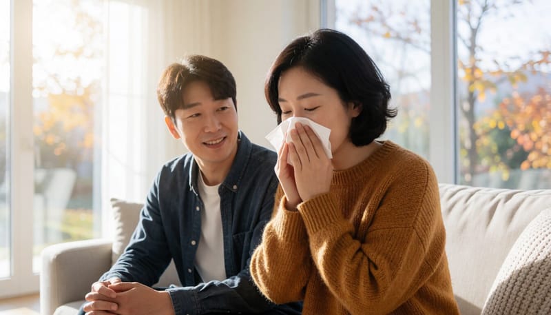 환절기 코막힘으로 불편해하는 성인의 모습