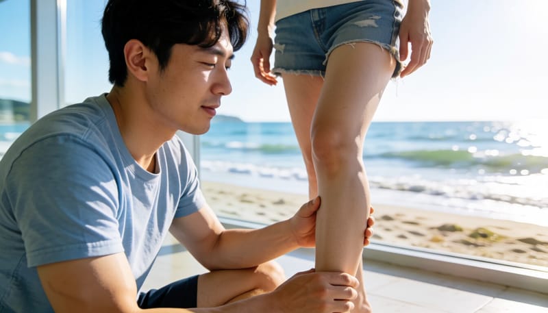 바닷가에서 상처 부위가 붉게 부어오른 모습