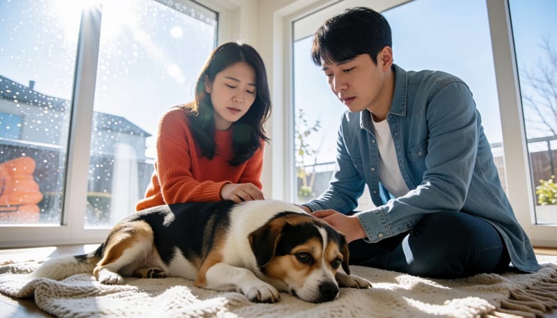 기운 없이 누워 있는 반려견을 살피는 보호자