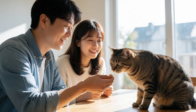 반려인이 고양이에게 부드러운 습식 사료를 건네는 모습