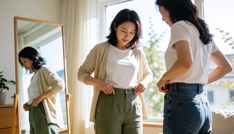 거울 앞에서 바지 핏을 확인하는 여성의 모습