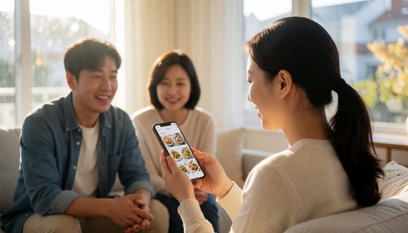 일주일간의 식사 사진을 스마트폰으로 확인하는 모습