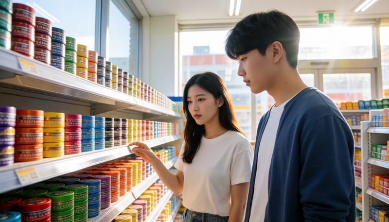 편의점 진열대의 다양한 가향담배 제품을 살펴보는 모습