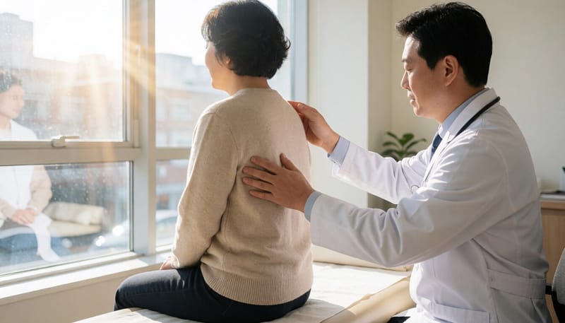 한의사가 환자의 척추 상태를 살펴보는 모습