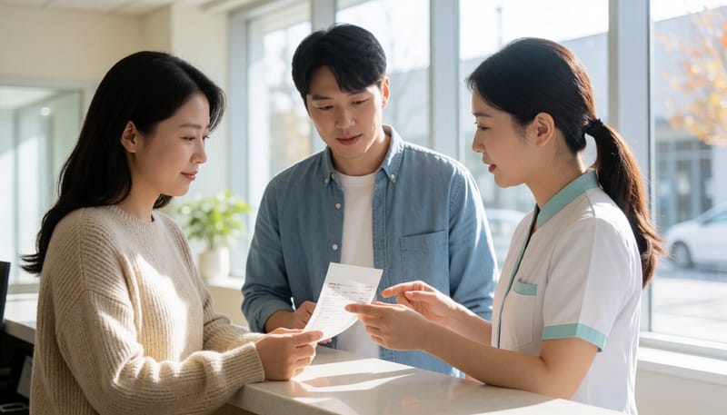 환자가 병원 접수처에서 진료비를 확인하는 모습