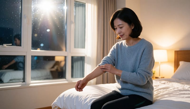 밤에 팔을 긁으며 불편해하는 여성의 모습