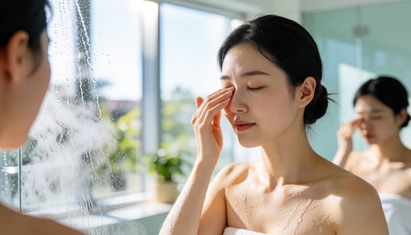 뜨거운 샤워 후 눈을 비비는 여성의 모습