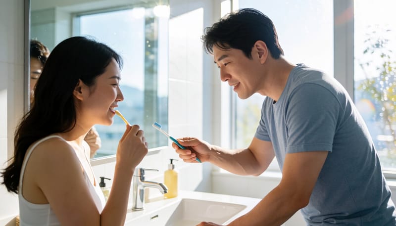 세면대에서 올바른 각도로 칫솔질하는 남성