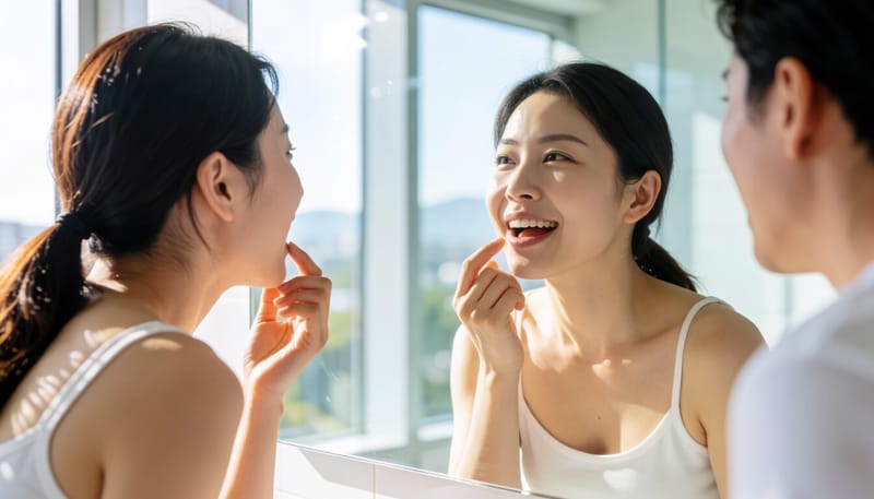 거울 앞에서 치아 상태를 살펴보는 여성의 모습