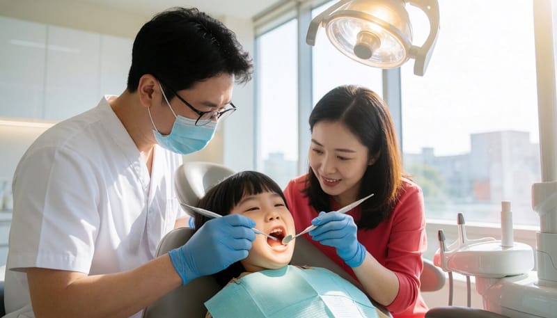 한국인 어린이가 치과에서 어금니 검진을 받는 모습