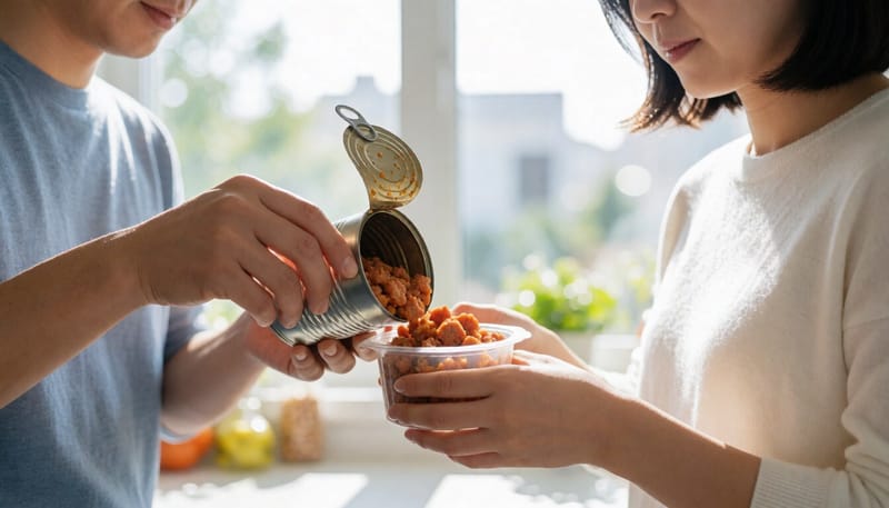 개봉한 캔 사료를 밀폐 용기에 옮겨 담는 모습