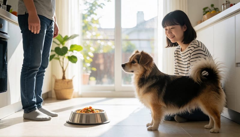 빈 사료 그릇 앞에서 기운 없어 보이는 강아지