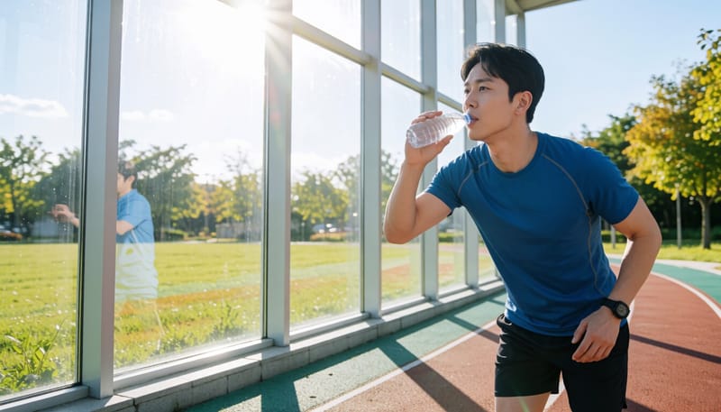 야외에서 조깅 중 물을 마시는 남성