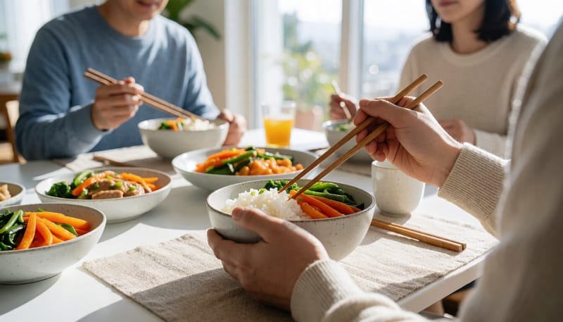 천천히 씹으며 식사하는 손과 밥그릇 클로즈업