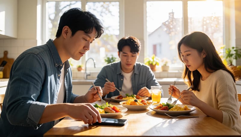 식사 중 스마트폰을 내려놓고 음식에 집중하는 모습