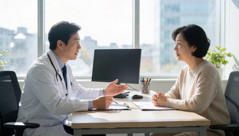 진료실에서 미생물 이식 연구에 대해 설명하는 의사와 환자