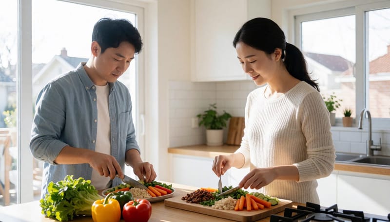 가정 주방에서 균형 잡힌 식사를 준비하는 여성