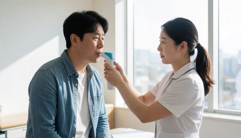 날숨을 채취해 전자코로 분석하는 검사 장면