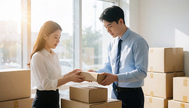 청년 창업자가 수출용 화장품 박스를 포장하는 모습