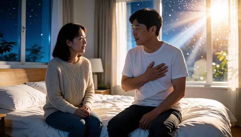 야간에 가슴 불편감을 느끼며 침대에 앉아있는 모습