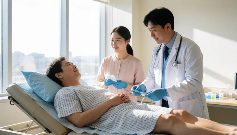 내시경검사를 앞두고 진료실에 누워있는 환자 모습