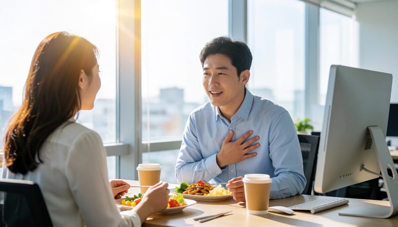 식사 후 가슴 통증을 느끼며 괴로워하는 직장인의 모습